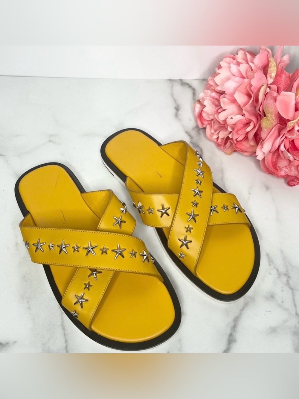 ❗️NWOT❗️JIMMY CHOO PALMO STAR STUDDED LEATHER SLIDES